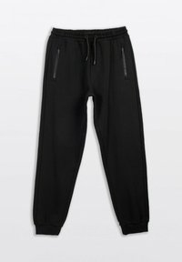 Czarne spodnie dresowe z elastycznym pasem, sznurkiem, kieszeniami na zamek po obu stronach oraz elastycznymi mankietami na kostkach.