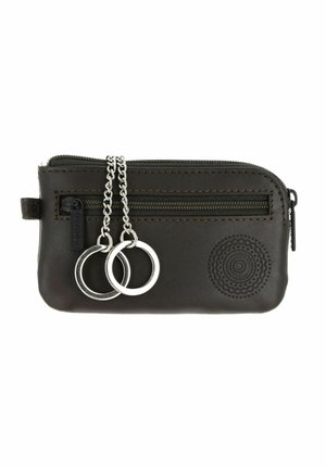 Small dark brown leather pouch with front zip, embossed circular pattern, and two metal key rings attached by chains.