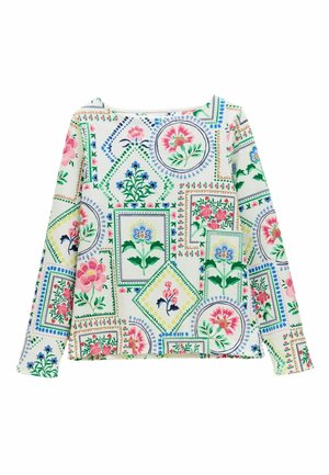 Langarmtop aus weichem Stoff mit einem lebhaften Blumenmuster in verschiedenen Farben, rahmenartig auf einem weißen Hintergrund angeordnet.