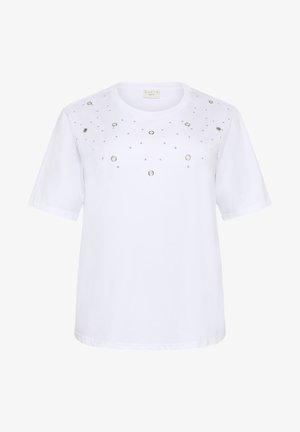 T-shirt blanc à manches courtes avec des clous argentés décoratifs et des accents circulaires à l'avant, tissu lisse et col rond classique.
