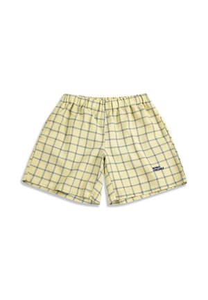 Shorts jaune clair avec taille élastique, motif carreaux bleu marine, et petit logo bleu marine sur la jambe droite en bas.