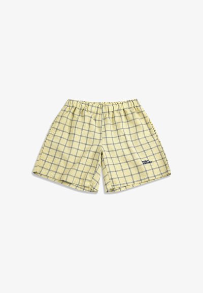 Shorts jaune clair avec taille élastique, motif carreaux bleu marine, et petit logo bleu marine sur la jambe droite en bas.