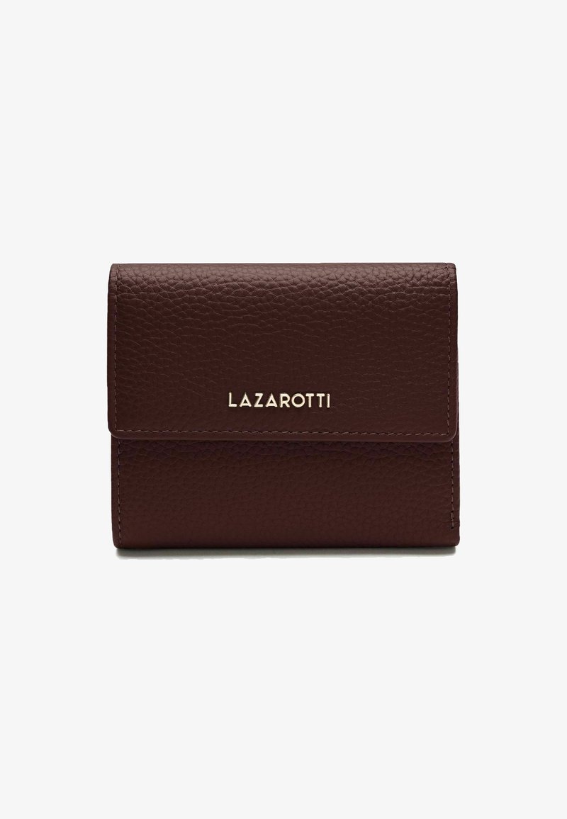 Portefeuille en cuir bordeaux avec une finition texturée, arborant un logo doré "LAZAROTTI" sur le devant et une fermeture à rabat. Design compact.