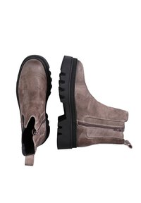 Brown suede ankle boots with a textured finish, featuring a side zipper and chunky black rubber sole.