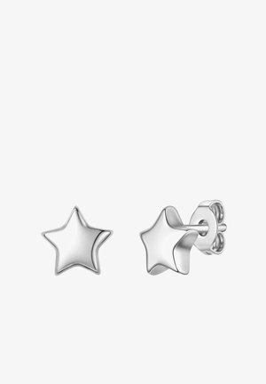 Pendientes de botón en forma de estrella plateada con superficies lisas y cierres con respaldo de mariposa.