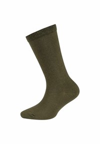 Ein einzelner olivgrüner Crew-Socke mit geripptem Bund, glatter Maschenstruktur, auf weißem Hintergrund präsentiert.