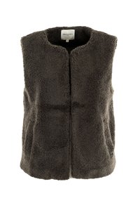 Gilet grigio senza maniche realizzato in morbido fleece testurizzato. Presenta un colletto rotondo e due tasche laterali. Nessuna chiusura visibile.