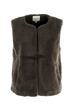 Chaleco gris sin mangas hecho de un suave material de forro polar texturizado. Presenta un cuello redondo y dos bolsillos laterales. No tiene cierres visibles.