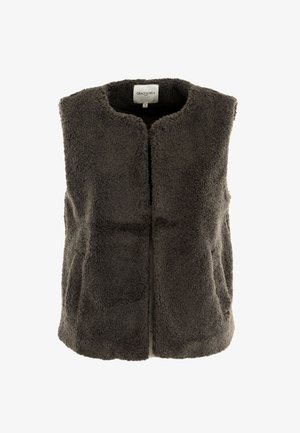 Gilet gris sans manches en matériau polaire doux et texturé. Doté d'un col rond et de deux poches latérales. Aucun système de fermeture visible.