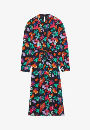 Bloemenjurk met lange mouwen, zwarte achtergrond, met levendige, veelkleurige bloemen in oranje, groen, paars en wit. Sleutelgat-halslijn.