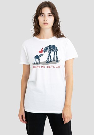 Short-sleeve white T-shirt featuring blue AT-AT designs, a small AT-AT with a heart, and the text "HAPPY MOTHER'S DAY" in red.