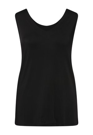 Top nero senza maniche con scollatura a V, realizzato in tessuto morbido. Presenta una vestibilità comoda e un orlo dritto, adatto per essere indossato a strati.