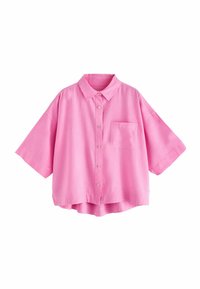 Lühikeste varrukatega roosa nööpidega shirt koos krae, ühe rinnatasku ja laia lõikega. Valmistatud pehmest, kergest kangast.