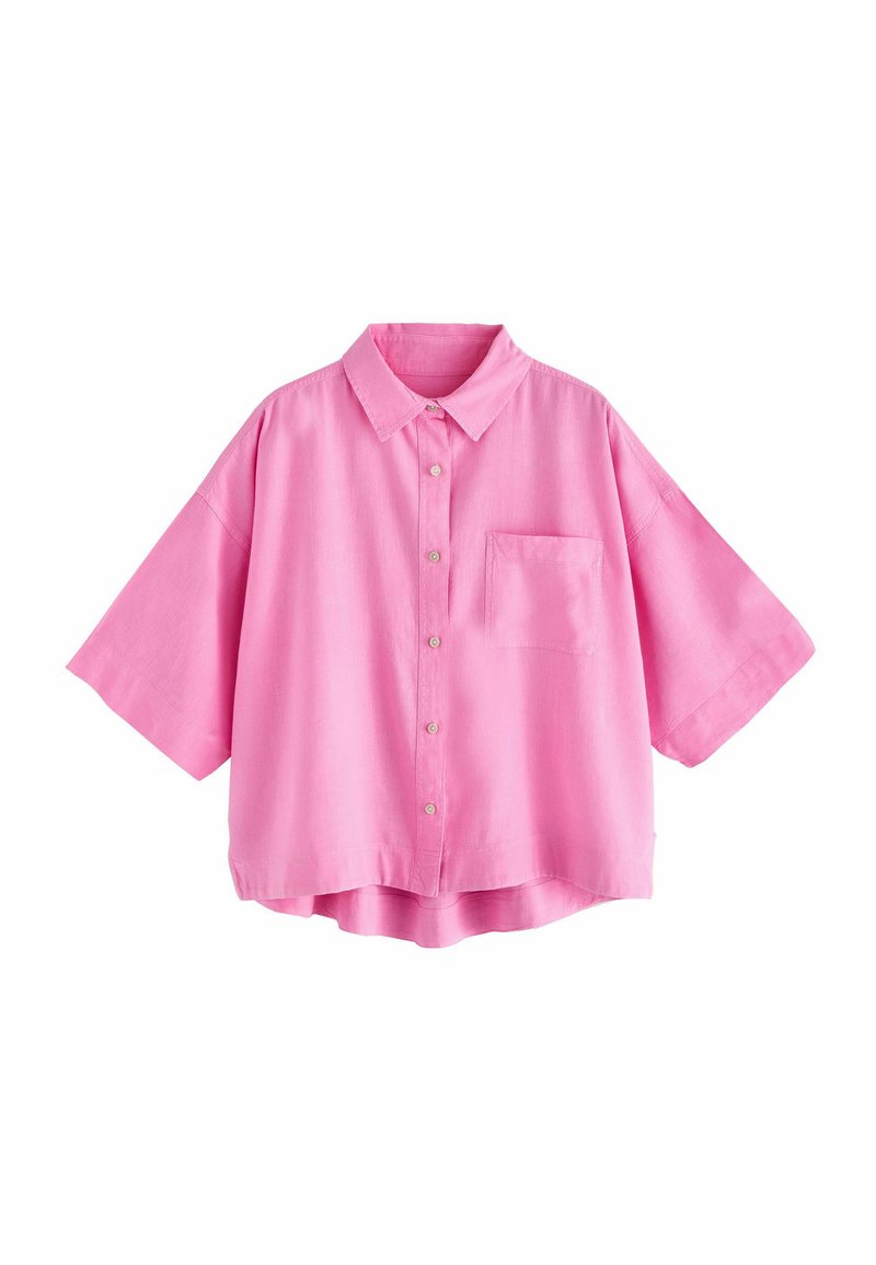 Lühikeste varrukatega roosa nööpidega shirt koos krae, ühe rinnatasku ja laia lõikega. Valmistatud pehmest, kergest kangast.