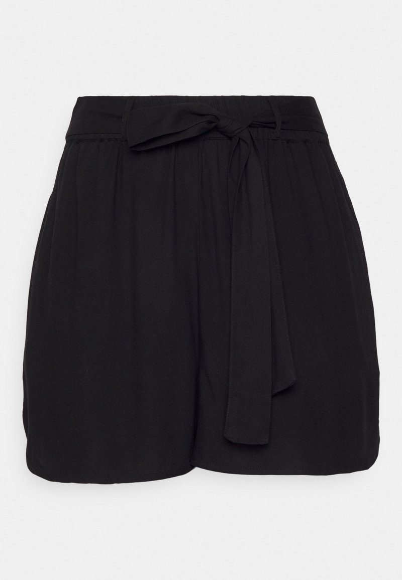 Black shorts made of soft fabric, featuring a tied waistband, relaxed fit, pleated design, and smooth texture. No visible patterns or accents.