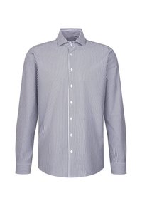 Chemise pour homme à manches longues avec boutons, rayée verticalement en bleu marine et blanc, avec un col classique, présentée sur un fond blanc.