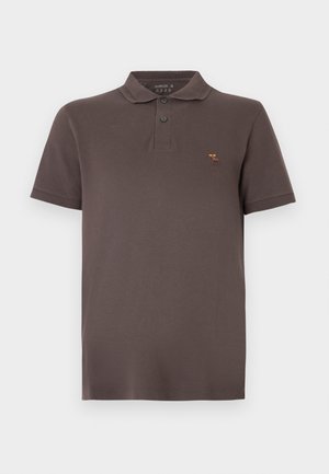 Brown cotton polo shirt with a three-button placket and short sleeves. Features a small embroidered design on the chest.