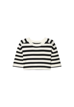 Black and white horizontal striped cropped sweater with three-quarter sleeves and a round neckline.