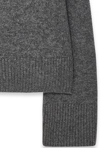 Gray knitted sweater featuring a ribbed hem and cuffs with a soft texture. It has a simple, classic design with a smooth finish.