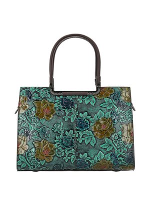 Borsa rettangolare turchese con motivo floreale in rilievo nelle tonalità di verde, blu e giallo, con manici arrotondati marrone scuro.