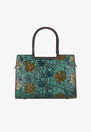 Obdélníková tyrkysová kabelka s raženým květinovým vzorem v zelených, modrých a žlutých odstínech, s tmavohnědými zaoblenými rukojetmi.