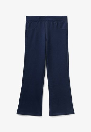 Pantalon en maille bleu marine avec jambes larges, taille élastique et poches avant, présenté à plat sur fond blanc.
