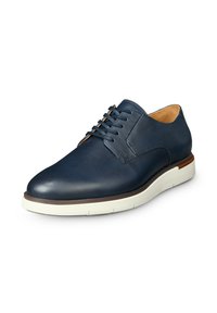 Scarpe eleganti in pelle blu navy con punta arrotondata, design con lacci, interno beige e suola in gomma bianca con accenti marroni.