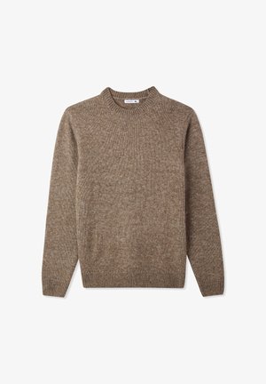 Maglione marrone a maglia con scollatura rotonda, maniche lunghe e polsini a costine. La trama è morbida e leggermente melange, realizzato in un materiale caldo.