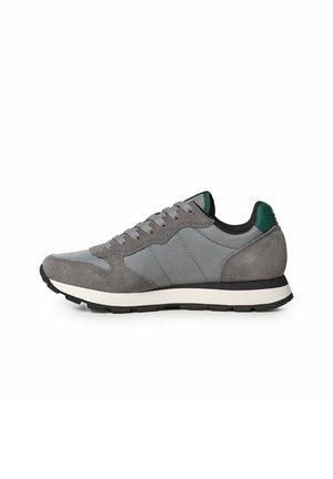 Sneaker casual grigia e verde con lacci, tomaia in pelle scamosciata e tessuto, suola nera e bianca, vista dal lato esterno su sfondo bianco.