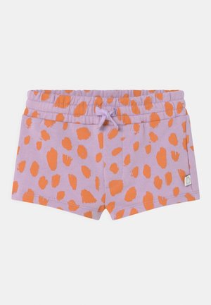 Lilac toddler shorts with bright orange irregular spots and an elastic waistband with a tied drawstring.