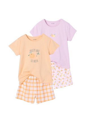 Two sets of children’s cotton pajamas: one peach top with "Fruity and So Fresh" text and gingham shorts, one lavender top with peach print and matching peach-patterned shorts.