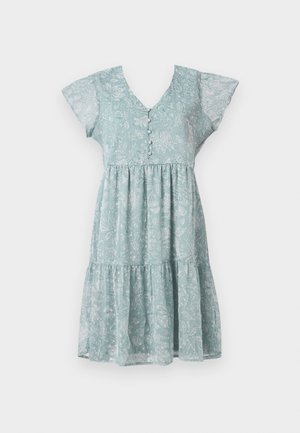 Light blue floral dress made of lightweight fabric, featuring a V-neck, short flutter sleeves, button detailing, and a tiered skirt.