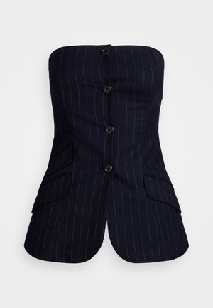 Navy pinstriped strapless top with five buttons down the front and two side pockets. Tailored fit with a smooth fabric texture.