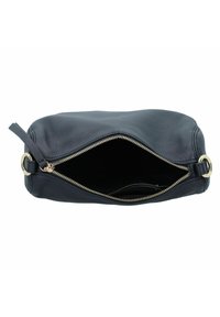 Lederhandtasche in dunklem Marineblau, mit Reißverschlussöffnung, minimalistischem Design, glatter Textur, goldfarbener Hardware und einer Innenstasche.