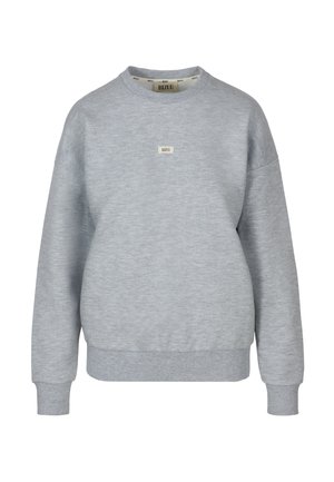 Lichtgrijze sweatshirt met lange mouwen, geribbelde manchetten en zoom, een ronde halslijn en een klein, gecentreerd "BIZUU" logo op de voorkant.