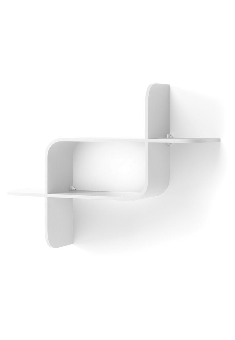Mensola bianca e curva con un design minimale. Composta da un materiale liscio, presenta due superfici orizzontali e bordi senza giunti.