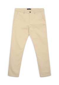 Beige chinos with a slim fit, front pockets, and a button closure. Made of cotton fabric with a smooth texture.