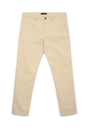 Chino beige con una vestibilità slim, tasche anteriori e chiusura a bottone. Realizzati in tessuto di cotone con una texture liscia.