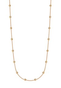 Naszyjnik ze złotego metalu z równomiernie rozmieszczonymi kulistymi koralikami na delikatnym łańcuszku, charakteryzujący się gładką powierzchnią i subtelną fakturą.