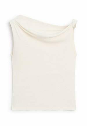Top crema senza spalle con scollo drappeggiato, design senza maniche e tessuto morbido e liscio. Silhouette semplice e aderente.