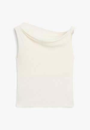 Top crema senza spalle con scollo drappeggiato, design senza maniche e tessuto morbido e liscio. Silhouette semplice e aderente.