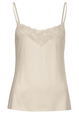 Beige camisole with thin spaghetti straps, lace detailing at the neckline, and a smooth, soft texture. Slightly flared fit towards the hem.