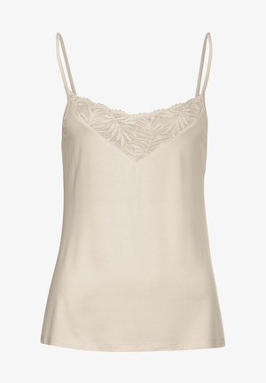 Beige camisole with thin spaghetti straps, lace detailing at the neckline, and a smooth, soft texture. Slightly flared fit towards the hem.