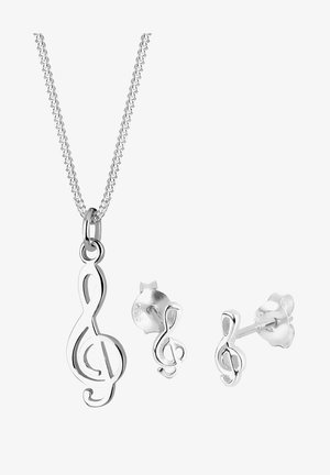 Silber-Schmuckset mit einer Halskette mit einem Violinschlüssel-Anhänger und passenden Violinschlüssel-Stiftohrringen, glatte Oberfläche, keine zusätzlichen Verzierungen.