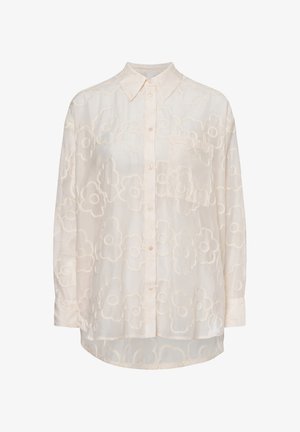 Helle cremefarbene Hemdbluse mit floralem Muster, langen Ärmeln und Brusttasche. Hergestellt aus transparenter, strukturiertem Stoff mit lockerer Passform.