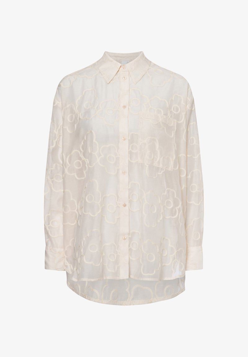 Helle cremefarbene Hemdbluse mit floralem Muster, langen Ärmeln und Brusttasche. Hergestellt aus transparenter, strukturiertem Stoff mit lockerer Passform.