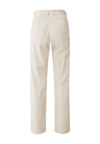 Beige corduroy trousers with a straight-leg design, featuring vertical ribbing and a waistband. No visible pockets or hardware details.