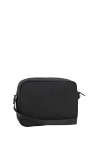Borsa messaggera rettangolare nera con una texture in tessuto liscio, chiusura con zip e tracolla regolabile. Design semplice, senza motivi o accenti prominenti.