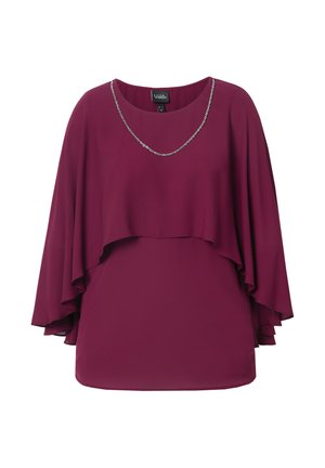 Burgundy blouse with layered ruffle sleeves, featuring a necklace accent. Smooth fabric with a relaxed fit and rounded neckline.