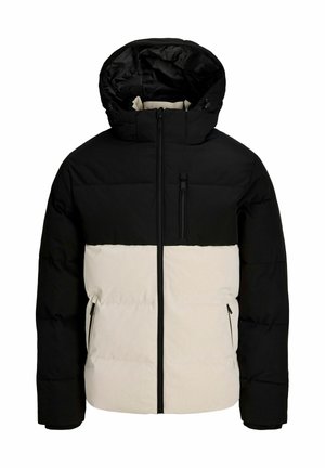 Chaqueta de invierno acolchada en blanco y negro con capucha, cremallera frontal, bolsillo en el pecho y dos bolsillos laterales con cremallera.